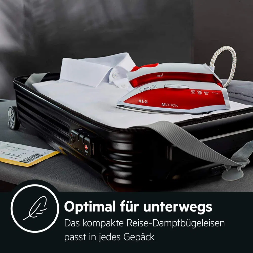 AEG DBT 800 Reise-Dampfbügeleisen (Variabler und kontinuierlicher Dampf, ergonomischer Klappgriff, inkl. Reisebeutel, Edelstahl Bügelsohle, Dampfstoß 45g/Stoß, 60 ml Wassertank, 1,9 m Kabel, rot/weiß)