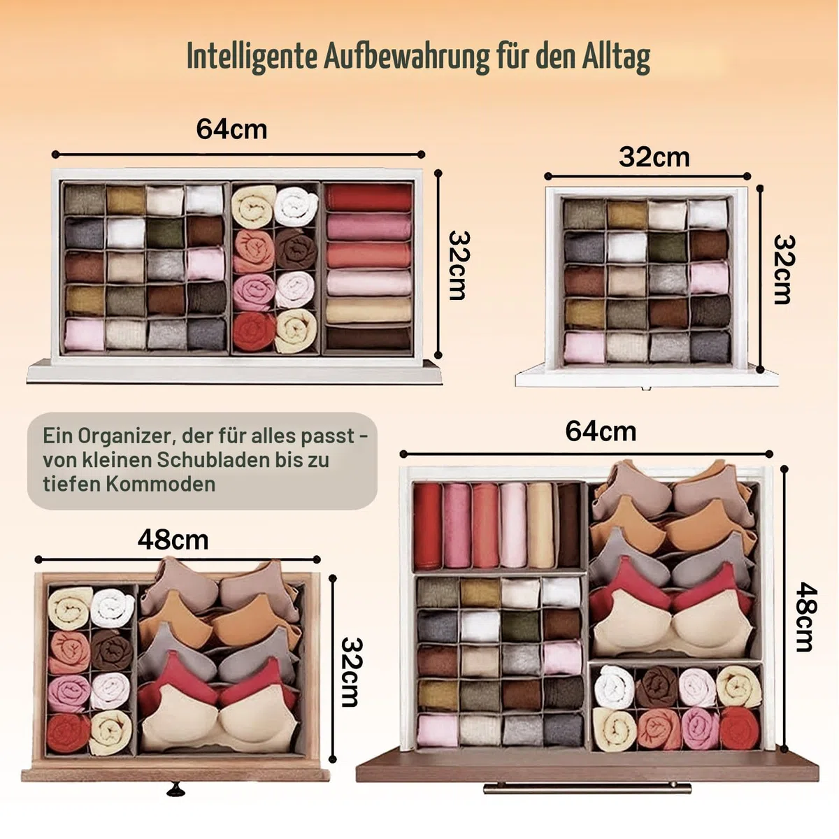 Yucch 8er Set Unterwäsche Organizer – faltbare Stoffboxen für Schubladen mit 5/6/8/20 Fächern, platzsparendes Ordnungssystem für BHs, Socken und Krawatten – Grau