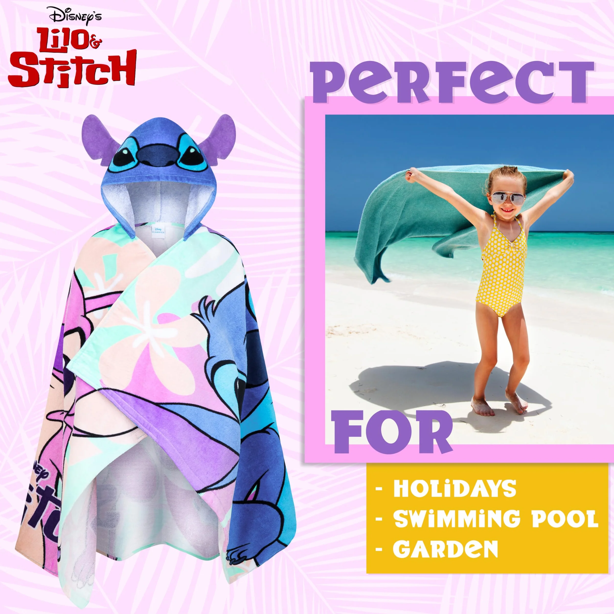 Disney Stitch Badetuch Poncho Badeponcho Kinder Strandtuch Mädchen mit Kapuze Weiches Schnelltrocknendes Handtuch für Strand Schwimmen (Blau/Mehrfarbig Stitch, 6-14 Jahren)