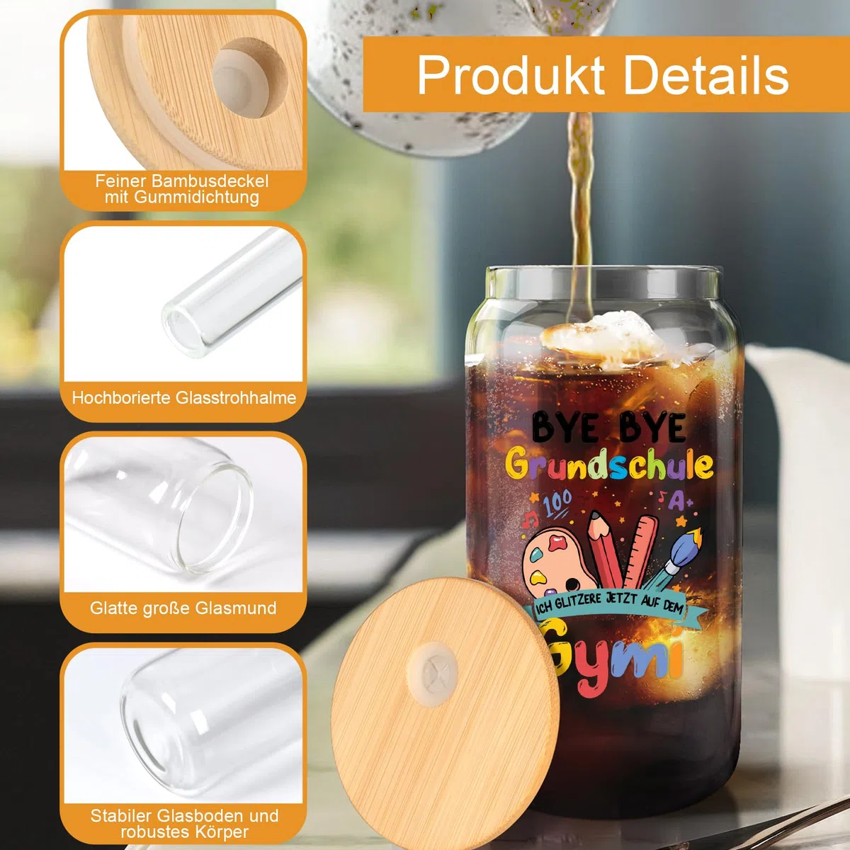 Joymaking Trinkgläser mit Deckel und Strohhalmen für Eiskaffee Cocktails Fruchtlikör Eistee Soda 17oz, Geschenke für Weiterführende Schule, Gymnasium Einschulung, 5 Klasse Geschenk Mädchen Jungen