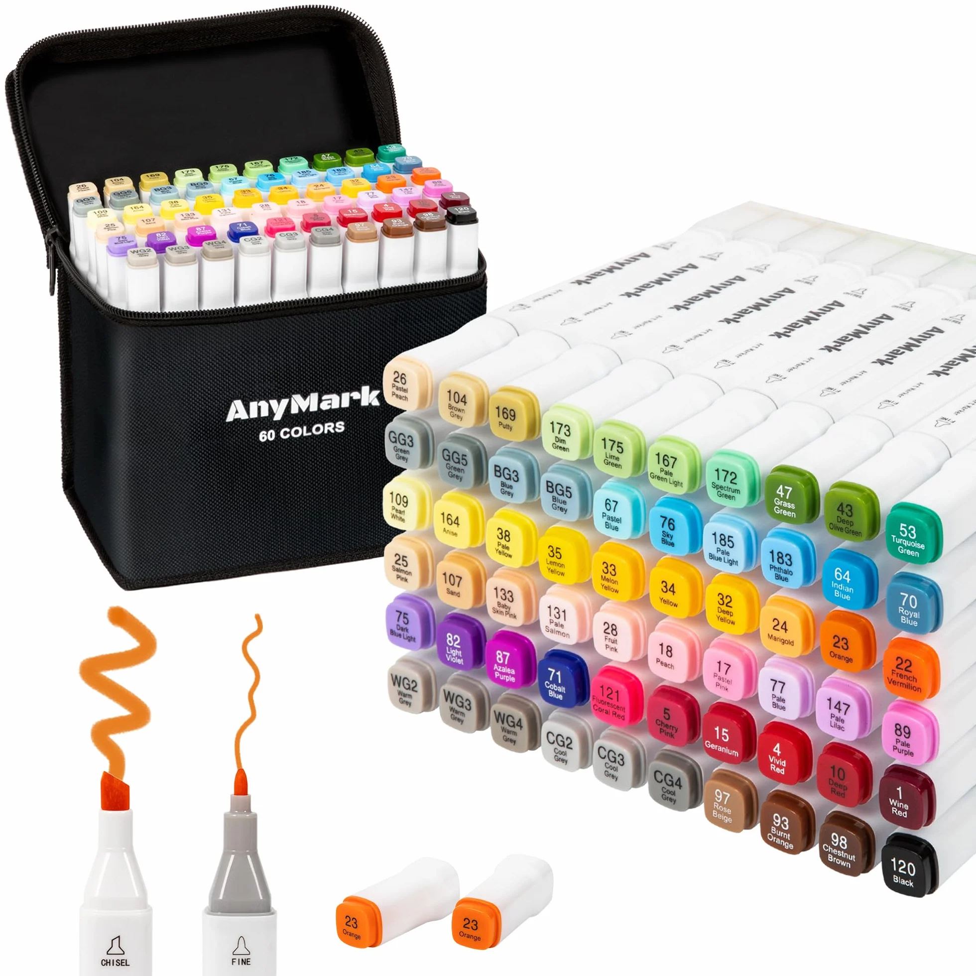 AnyMark Alkohol Marker, 60 Farben Marker Stifte Set, Twin Tip Künstler Stifte Set zum Zeichnen, Ausmalen und Skizzieren, Meißel- & Feinspitzen