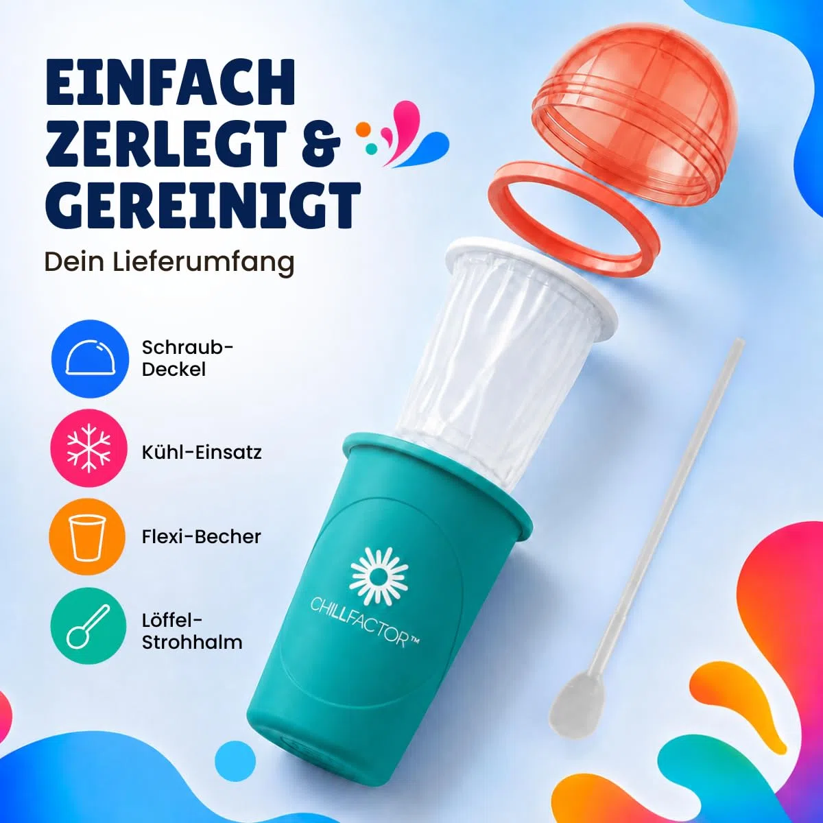 Slushy Maker – Tragbarer Slushy Becher aus Silikon mit 2-in-1 Strohhalm und Löffel – Slush Ice Maker für erfrischende Slushies – Slushi Cup zum Slush Eis selbermachen – 370ml