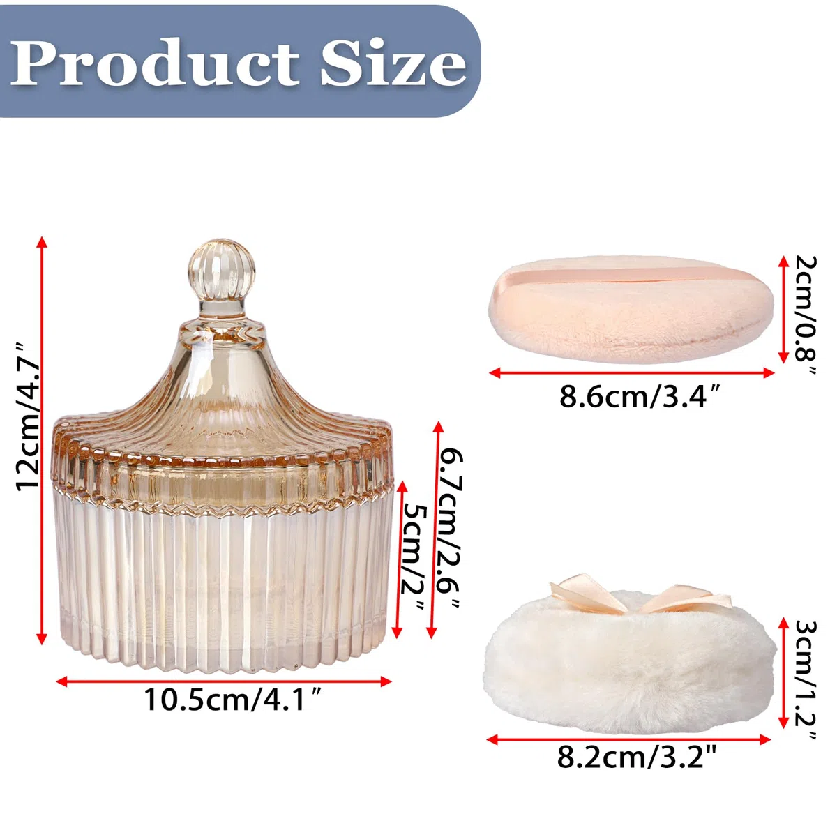 3pcs Puderdose Set aus Glas,Körperpuderbehälter, Babypuder Dose mit Puderquaste,Puderetui für Körperpuder,Talkumpuder,Kosmetikpuder zu Reise Geburtstag als Geschenk(Kein Pulver) (Bernstein)