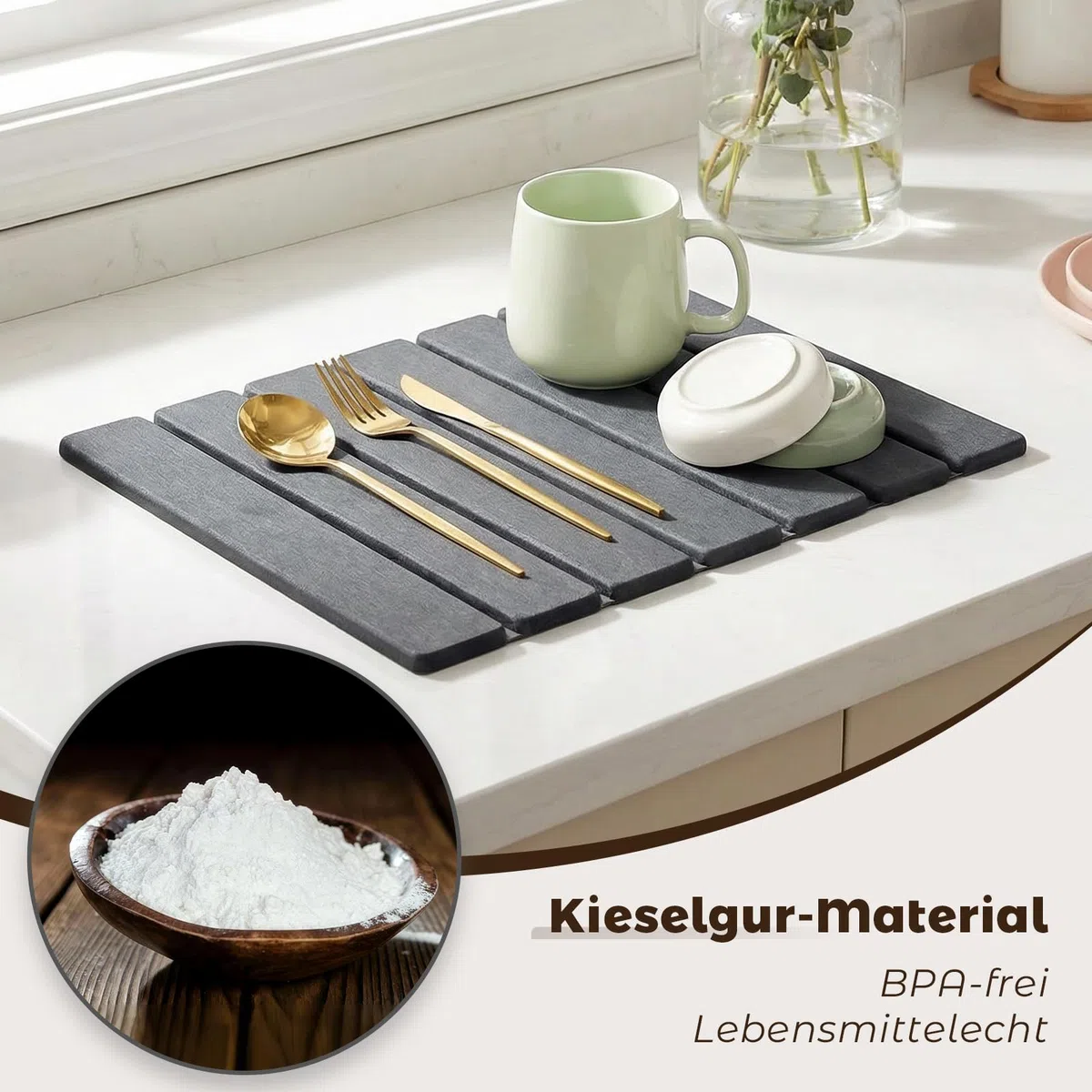 Abtropfmatte für Küche, Abtropfmatte Geschirr aus Kieselgur Wasserabsorbierende Schnelltrocknende (Dunkelgrau, 40 x 30 cm)