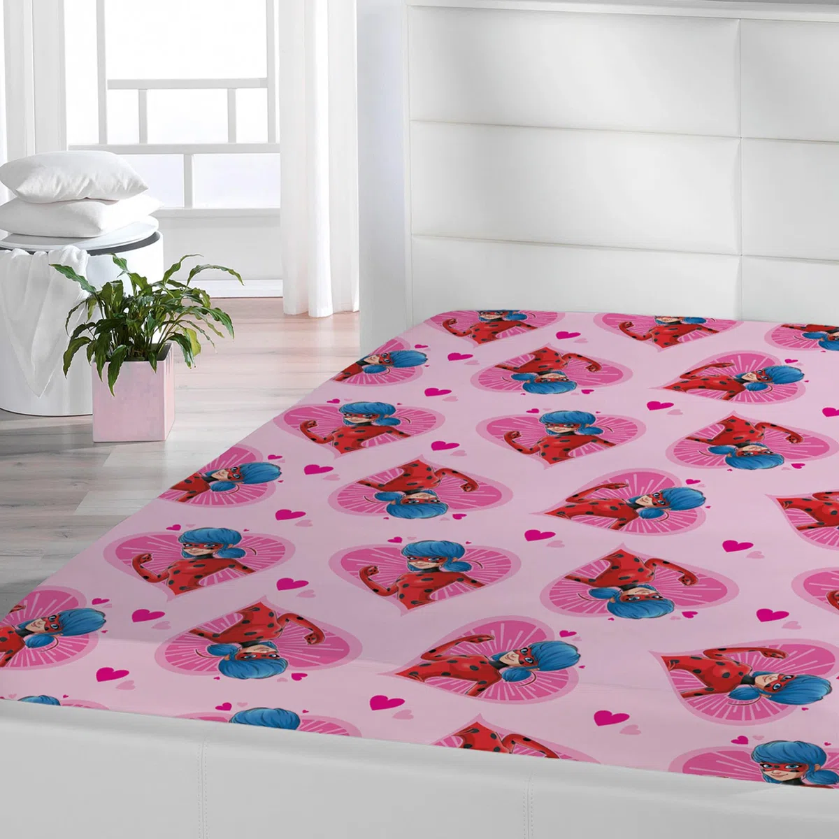 Miraculous Ladybug Spannbettlaken Herz Pink Rosa 90/100 cm x 190/200 cm 100% Baumwolle Marinette Adrien Cat Noir Paris Tikki Lady Bug Spannlaken Bettlaken Spannbetttuch Passend zur Bettwäsche