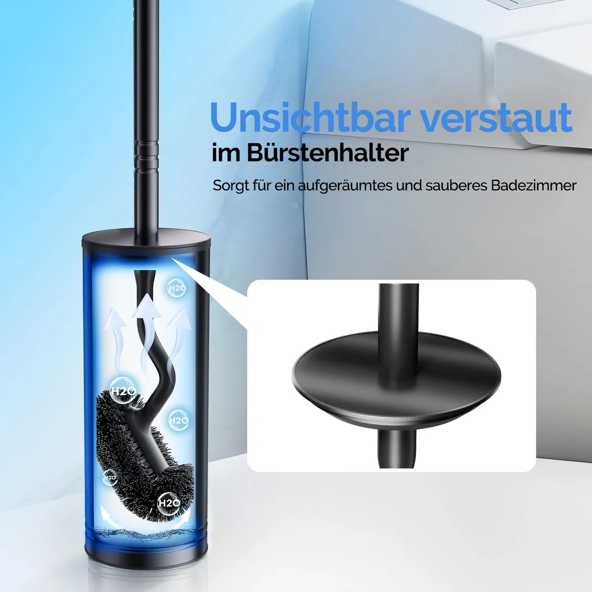 HAMITOR Edelstahl Klobürste Set: Toilettenbürste mit Wandmontage Ohne Bohren, WC Bürste für Tiefenreinigung unter dem Rand mit Schnell trocknendem & Abtropf-Halter, Langer Griff im Badezimmer-Schwarz
