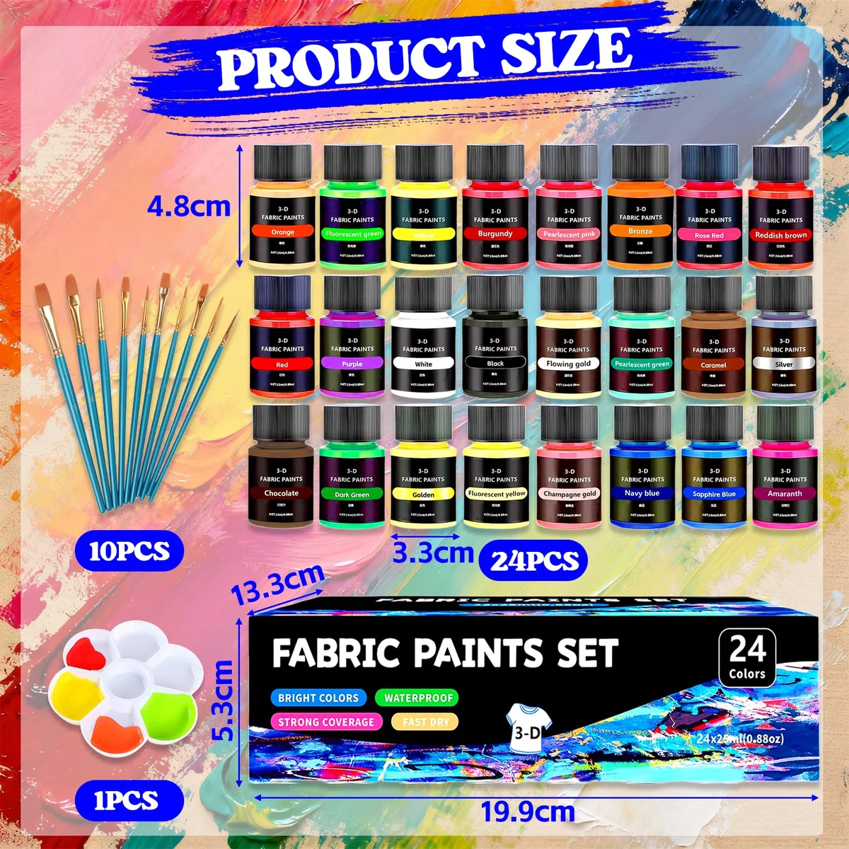 Textilfarbe, 24x25ml Textilfarbe Waschmaschinenfest, 3D Stofffarben Waschfest, Fabric Paint mit 10 Pinseln für Klamotten Textilfarben für T-Shirt Schuhe Jeans Tasche Kleidung Glas Holz