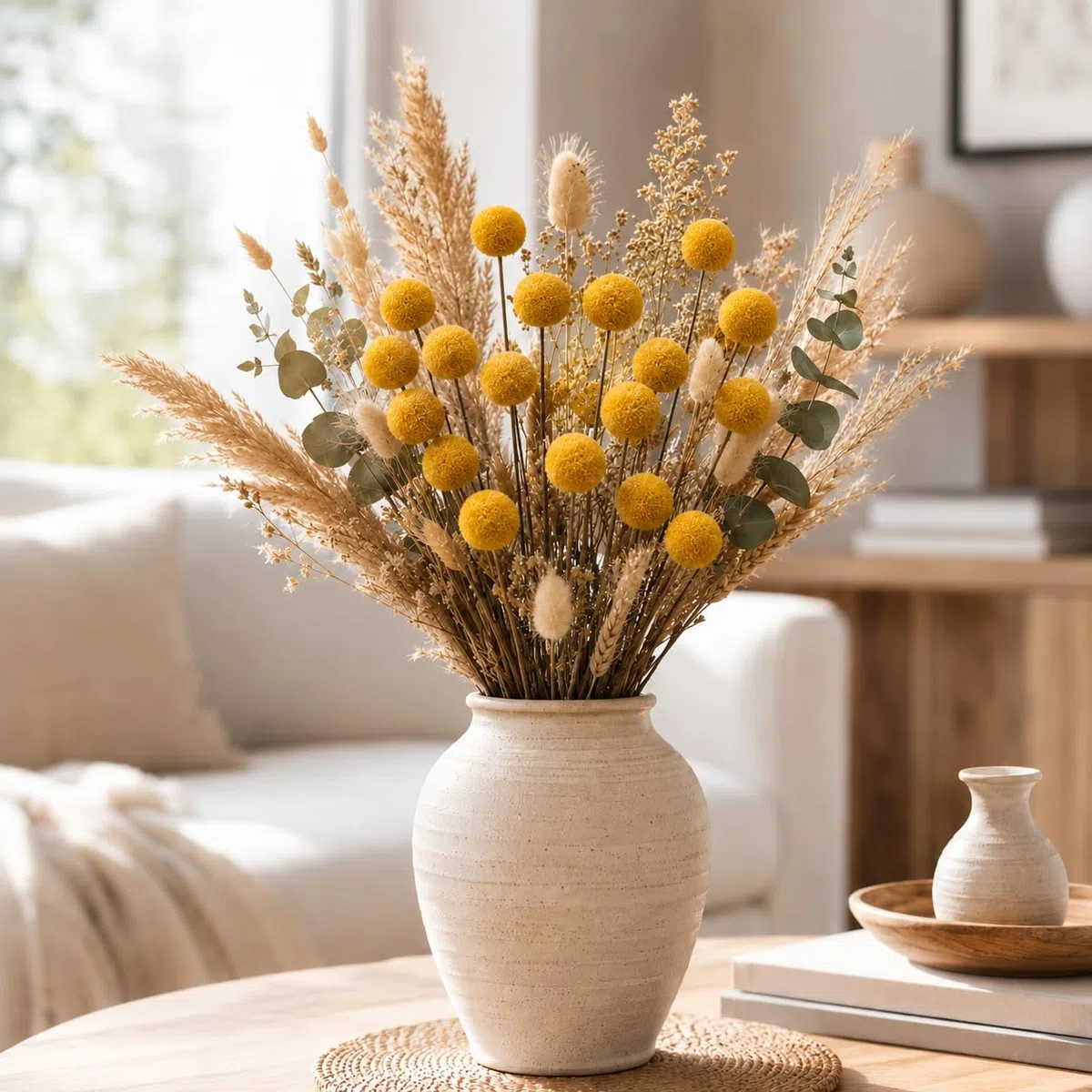 30 Stück Getrocknete Billy Bälle 44-46cm gelbe Billy Blumen getrocknete Craspedia Blumen Natürliche Trockenblumen für Blumenarrangements, Heimdekoration, Bastelhobbys und Hochzeiten