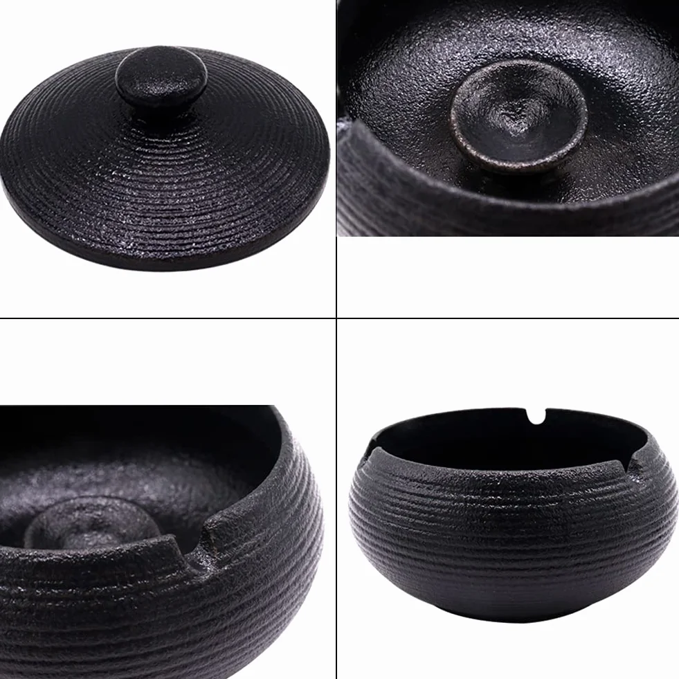 Panngu Windaschenbecher Schwarz Retro Keramik, Aschenbecher mit Deckel für Draußen, Einfachheit Zigarren Aschenbecher für Zuhause und Büro Dekoration (11.5X8.5cm)