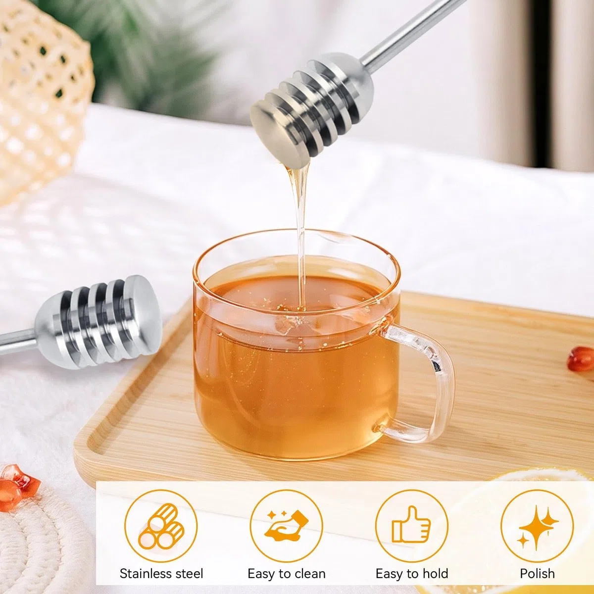 2Pcs Honiglöffel, Honig und Sirup Dipper Gebogene Honiglöffel Wand Rührer Honig Dipper Stick Haushalt Edelstahl Dessert Honig Löffel Rührer Mischstab Honig Kamm Honig Mischen Rührerlöffel
