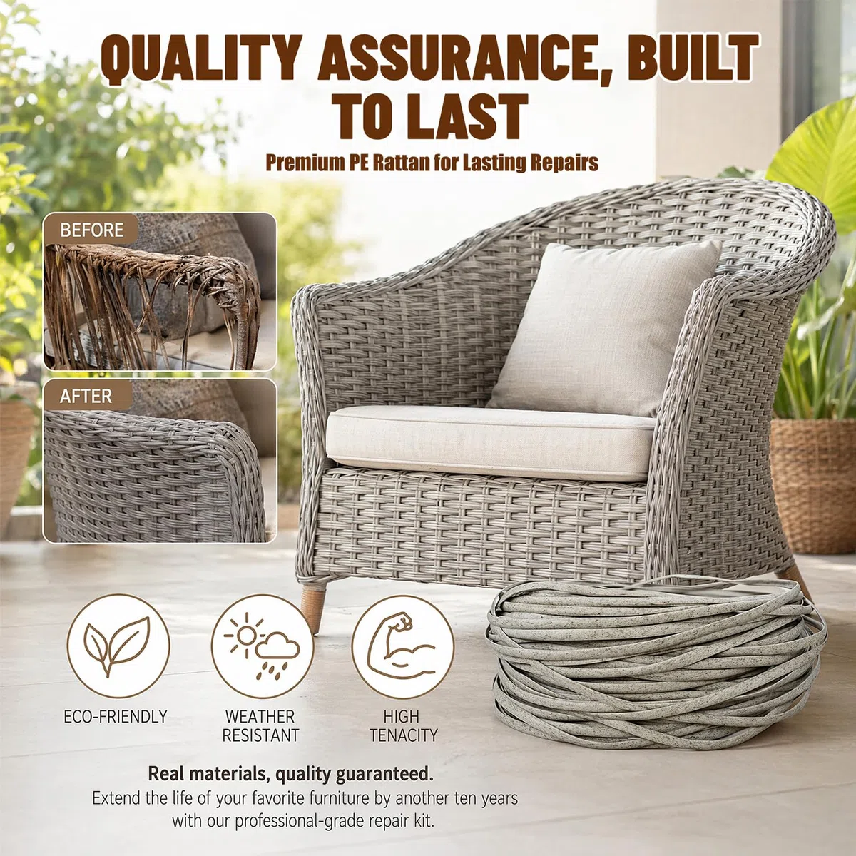 65m Kunststoff Gewebtes Rattan, Polyrattan Reparatur für Reparatur Von Outdoor, Gartenstuhl Ersatzbespannung, Synthetische Rattan Reparaturmaterial für Gartenstühle, Terrassenmöbel & Körbe (Beige)