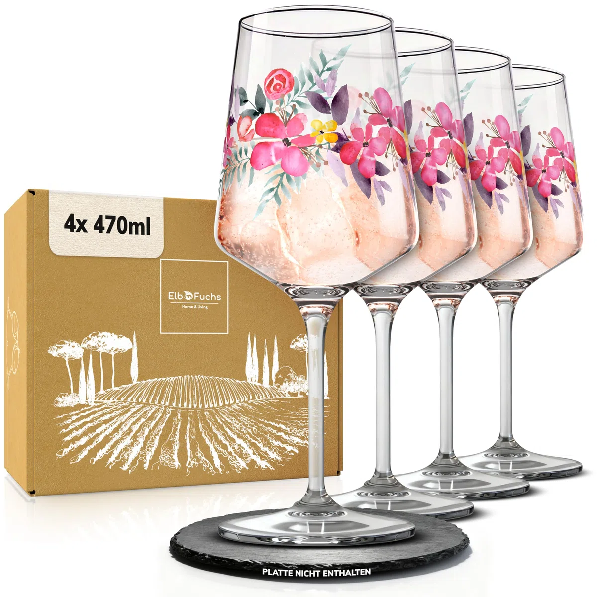 ElbFuchs® Aperitifgläser (4x470 ml) Serie Rosé Garden [GESCHENKIDEE] Spülmaschinenfest & robust, Bunte Wein- und Cocktailgläser beliebt für Spritz-Getränke, Hugo, Negroni, Limoncello, u.v.m.