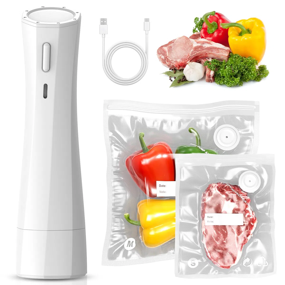 Ombrex Mini Vakuumiergerät – Tragbarer Vacuum Sealer mit USB-Aufladung, 30 Wiederverwendbare Vakuumbeutel, 60kPa Leistung, 1-Tasten-Bedienung, Kompaktes Design für Reisen, Büro & Küche