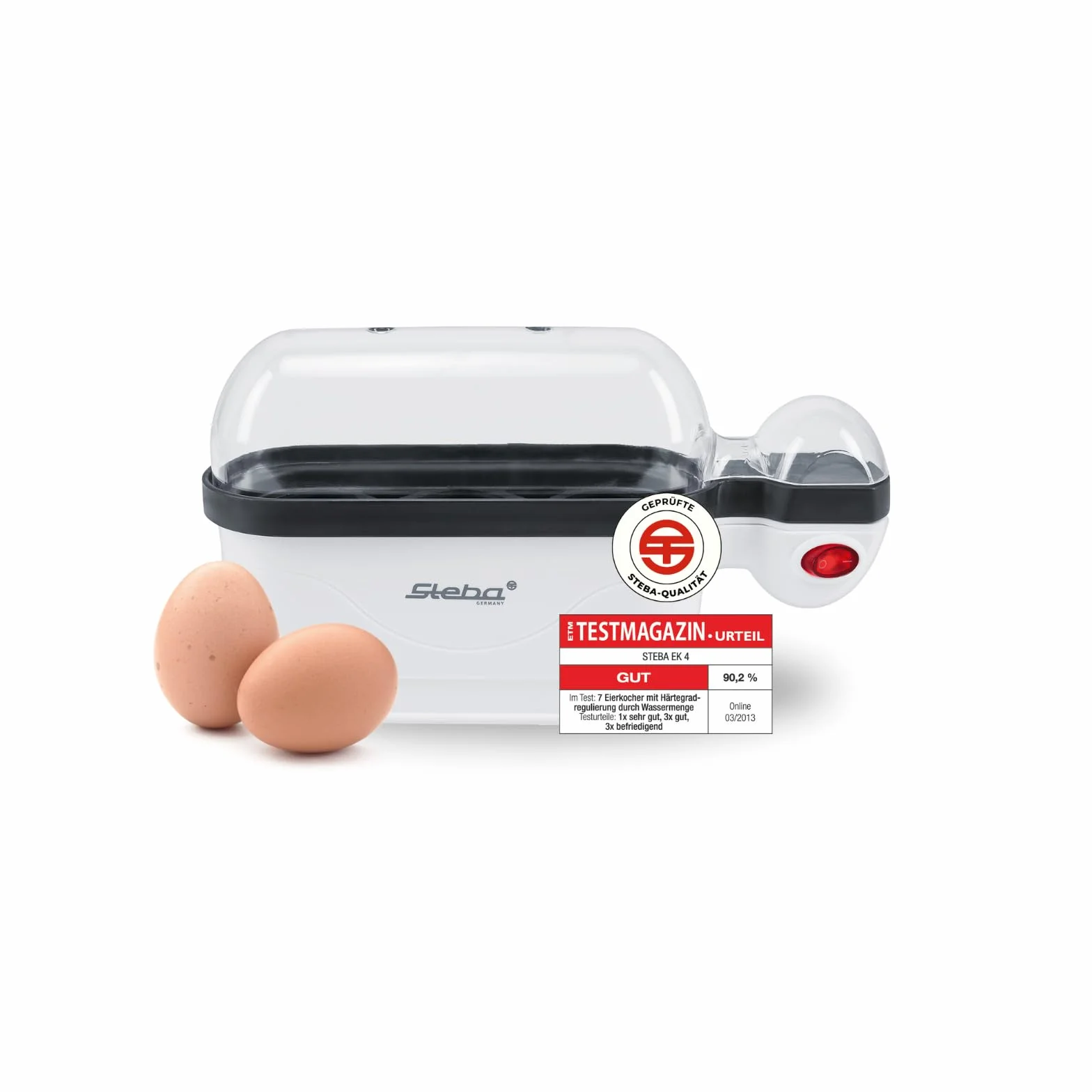 Steba EK 4 Eierkocher, für max. 3 Eier | Kochschale antihaftbeschichtet, Eiertray mit Tragegriff, Messbecher mit Eierpick, 350 Watt
