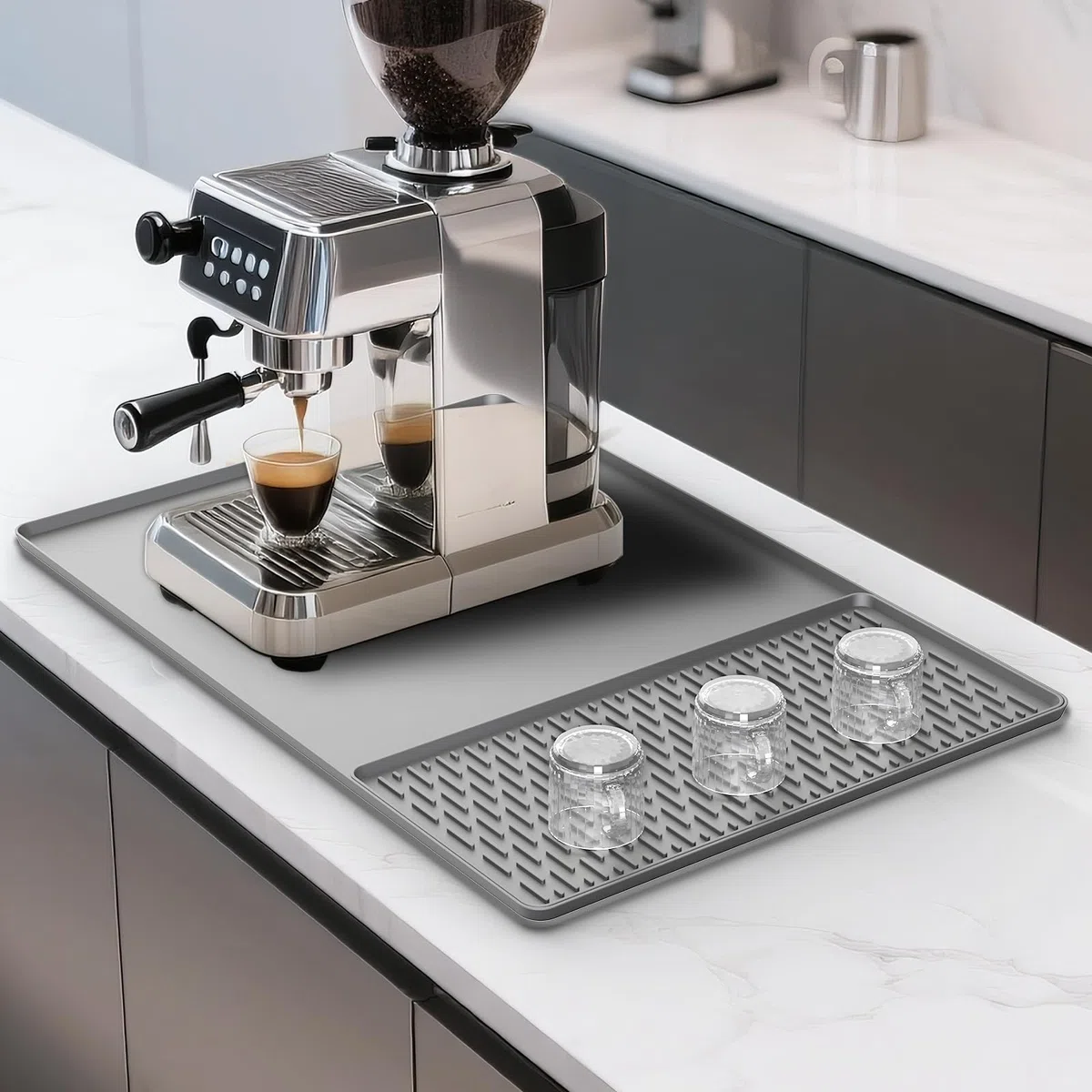 Kaffeemaschine Abtropfmatte aus Silikon, 2-in-1 Silikon Matte für Kaffeemaschine for Coffee,Hitzebeständiges Rutschfeste,leicht zu reinigen Trockenmatte für Kaffeemaschine, Küche(Grau, 60 x 40 cm)