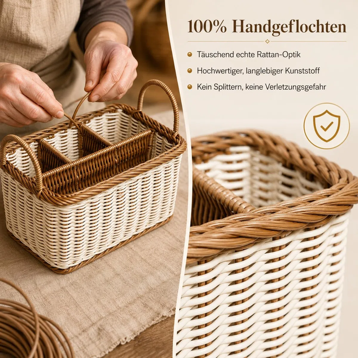 Besteckhalter aus Rattan, Besteckkorb Geflochten für Tisch, Tischbutler für Besteck und Utensilien mit Griffen und 4 Fächern, Waschbarer Besteckorganizer für Küche, Esszimmer, Garten oder Picknick