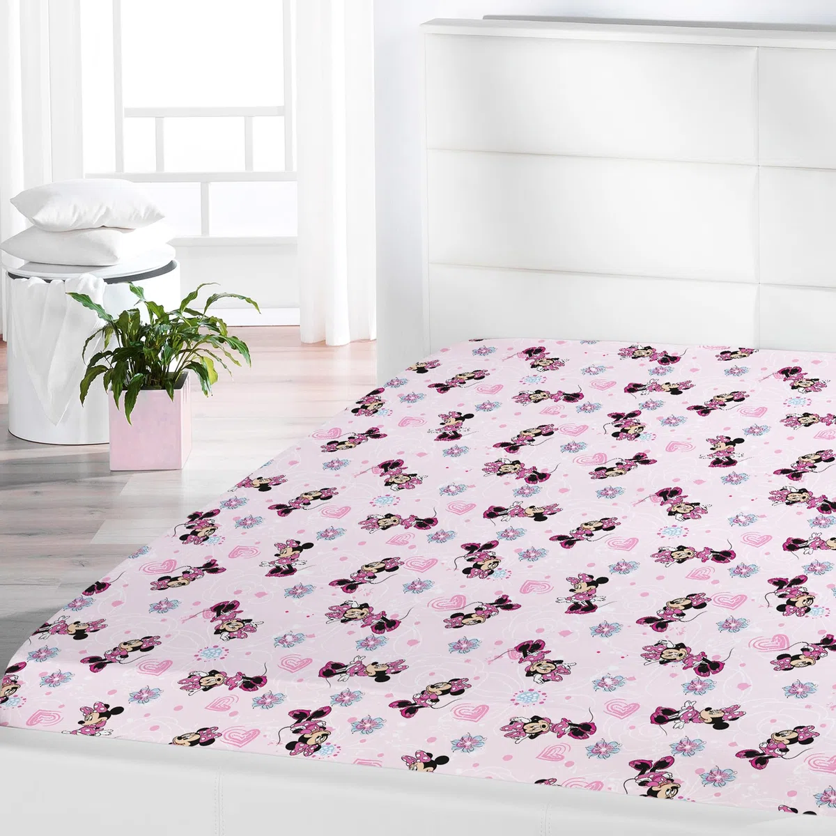 Minnie Mouse Spannbettlaken Flower Pink Rosa 90/100 cm x 190/200 cm 100% Baumwolle Minnie Maus Disney Mickey Sweet Love Spannlaken Bettlaken Laken Spannbetttuch passend zur Mädchen Bettwäsche