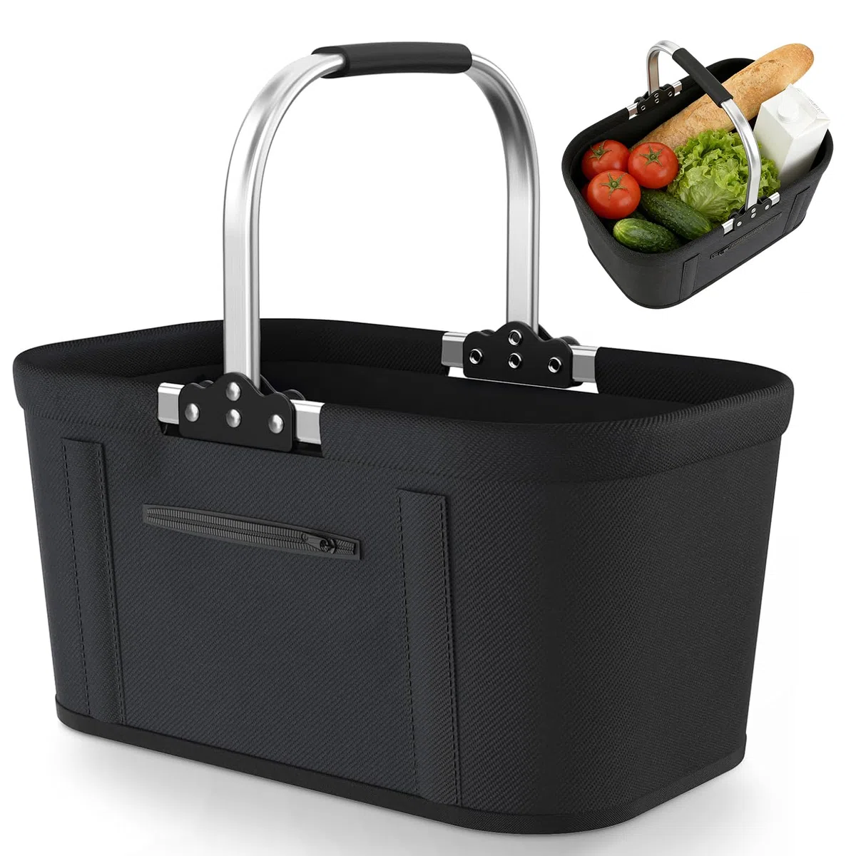 Einkaufskorb Faltbar 30L Groß Einkaufskorb Picknickkorb Tragekorb, Praktischer Klappkorb Einkaufstasche mit Aluminiumgestänge Tragegriffen, Familie Einkaufstasche für Camping Picknick Reisen Einkaufen