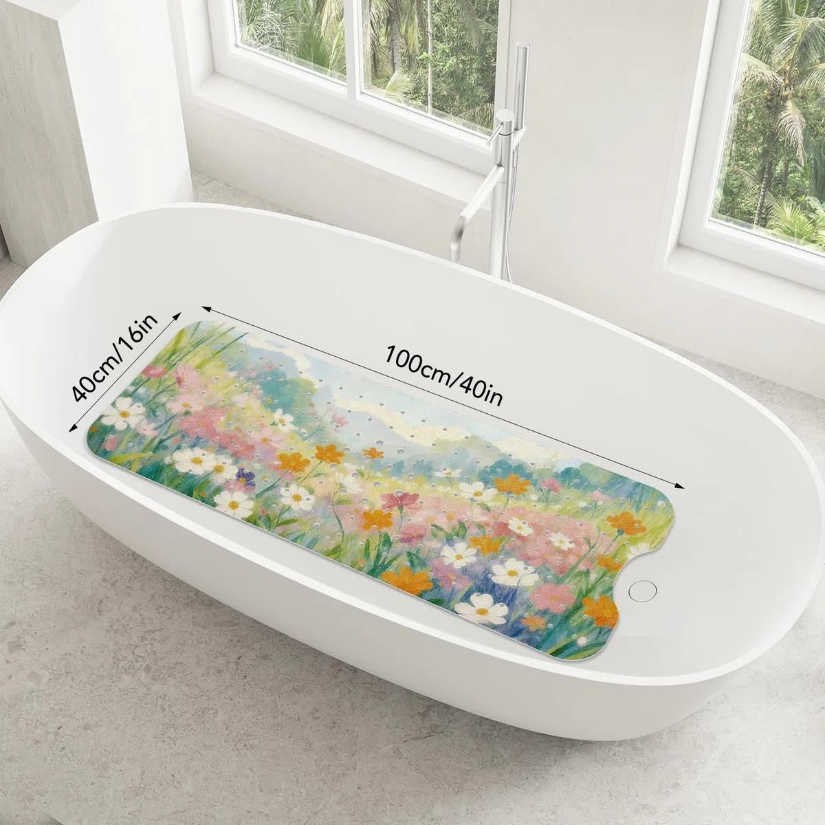 SHUCHING Badewannenmatte rutschfest, 100 X 40 cm Extra Lang Badewanne Rutschmatte, Duschmatte rutschfest für Badezimmer Maschinenwaschbar, Ölgemälde Blumen
