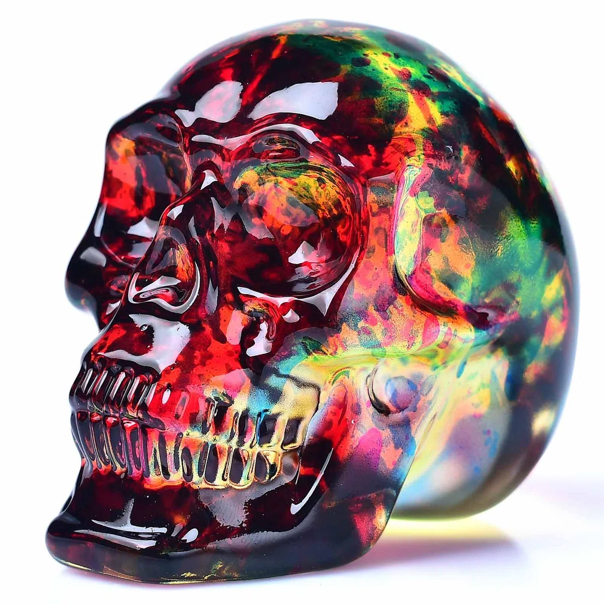 Kristall-Totenkopf-Statue – Glas-Totenkopf-Figur, Edelstein, Halloween-Dekoration, Geschenke für Frauen, Rot und Gelb, 7,1 cm