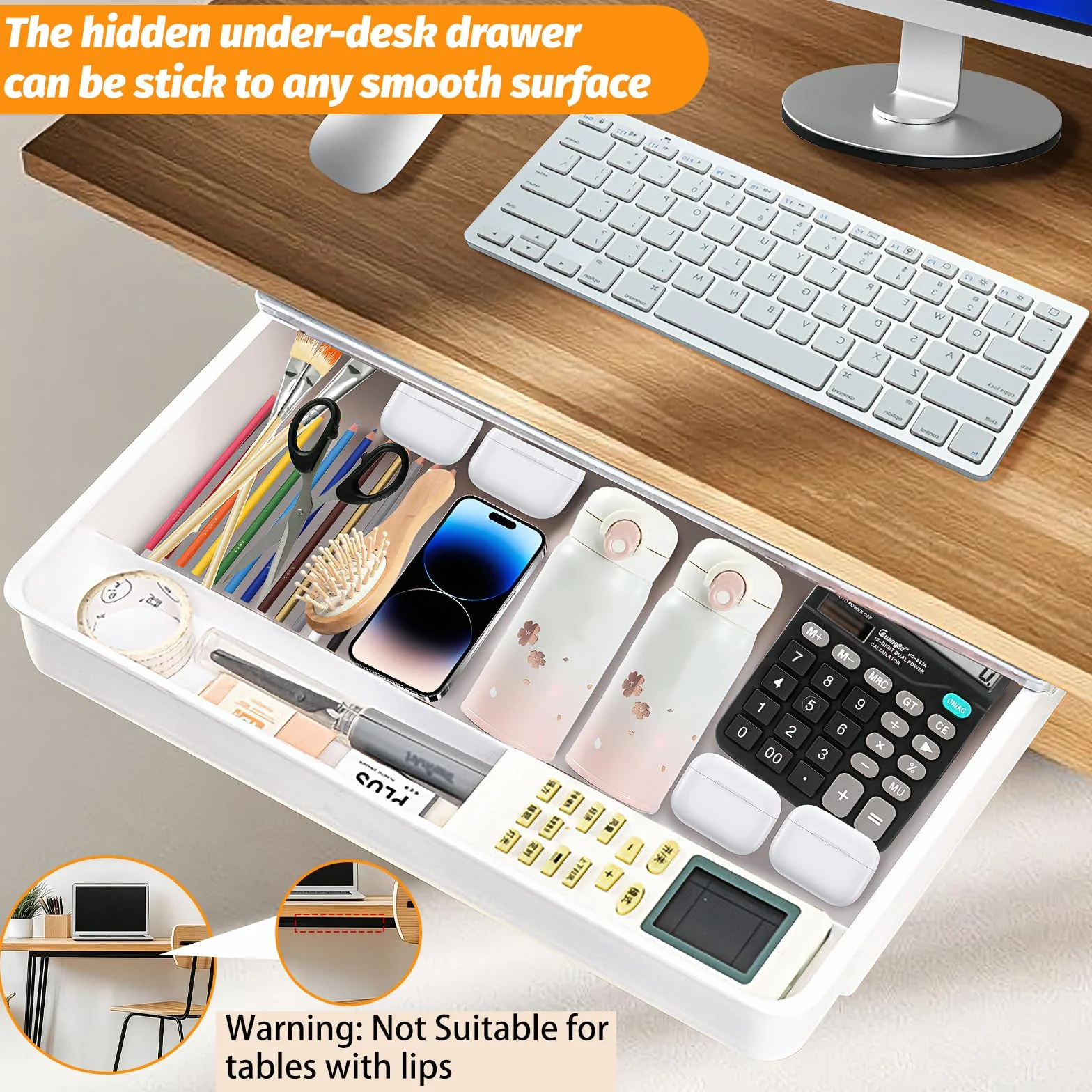 Qivine Schublade Unter Schreibtisch, Versteckte Untertisch Schublade Selbstklebende, Ausziehbare Schubladen Unterbau für Zuhause, Büro, Schminktisch, 32.2x28.2x5.4cm