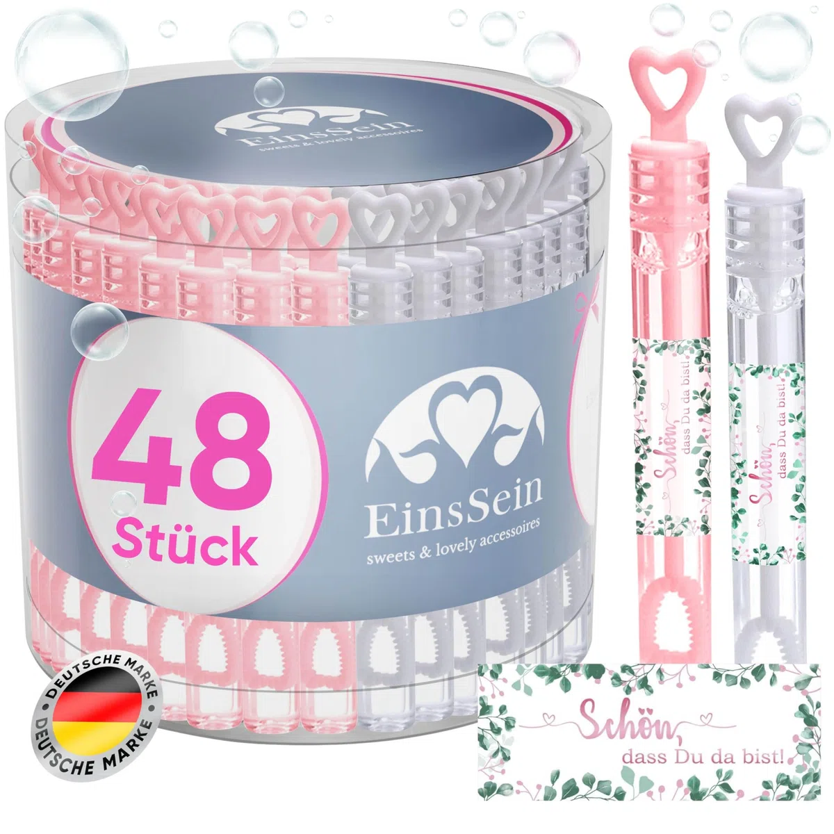 EinsSein Seifenblasen Hochzeit mit Aufkleber Herzgläschen Set rosa-weiss | Gastgeschenke für die goldene Hochzeit Taufe Geburtstag Valentinstag Verlobung Party| Hochzeitsseifenblasen mit Freudentränen