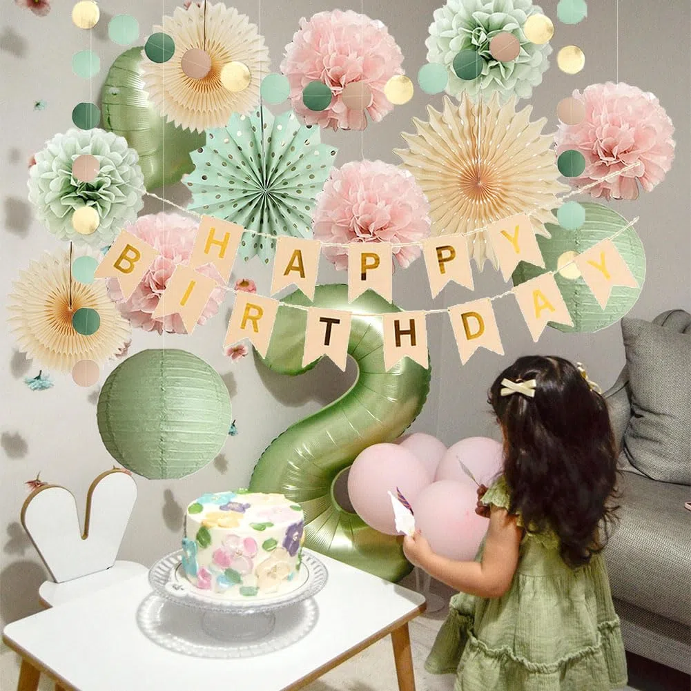 Geburtstagsdeko Salbeigrün Hellrosa Mädchen Deko Geburtstag Salbeigrün Rosa Boho Geburtstagsdeko Hellrosa Pastellgrün mit Happy Birthday Banner Beige Gold für Frauen