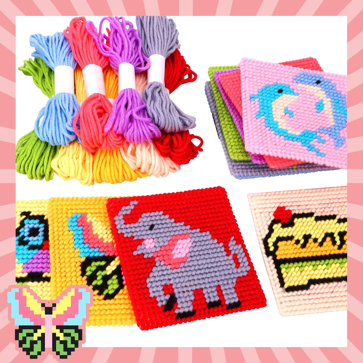 Pllieay 10-in-1-Kreuzstich-Set für Kinder, inklusive Anleitung, 10 Mustern, 10 Kunststoffleinwänden und 14 farbigen Fäden für Handarbeiten