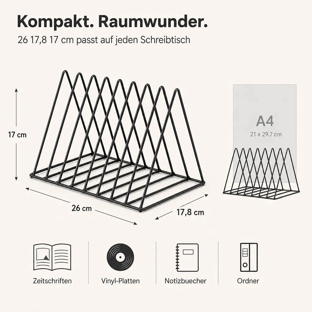Schallplattenständer,Dreieckiger schallplattenständer,Buchstütze,Zeitschriftenständer,Buch-Organizer,zum Aufbewahren von Büchern,Fotoalben und Zeitschriften,9 Fächer(2 Stück)