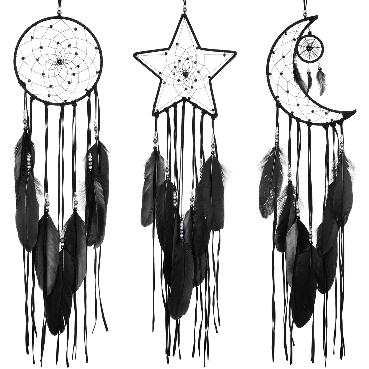 Jetec 3 Stück Traumfänger Mond Sonnen Stern Design Gross Traumfänger Handgefertigt Dream Catchers für Wand Kunst Hängend Deko für Schlafzimmer Drinnen Intdoor Outdoor(Schwarz)