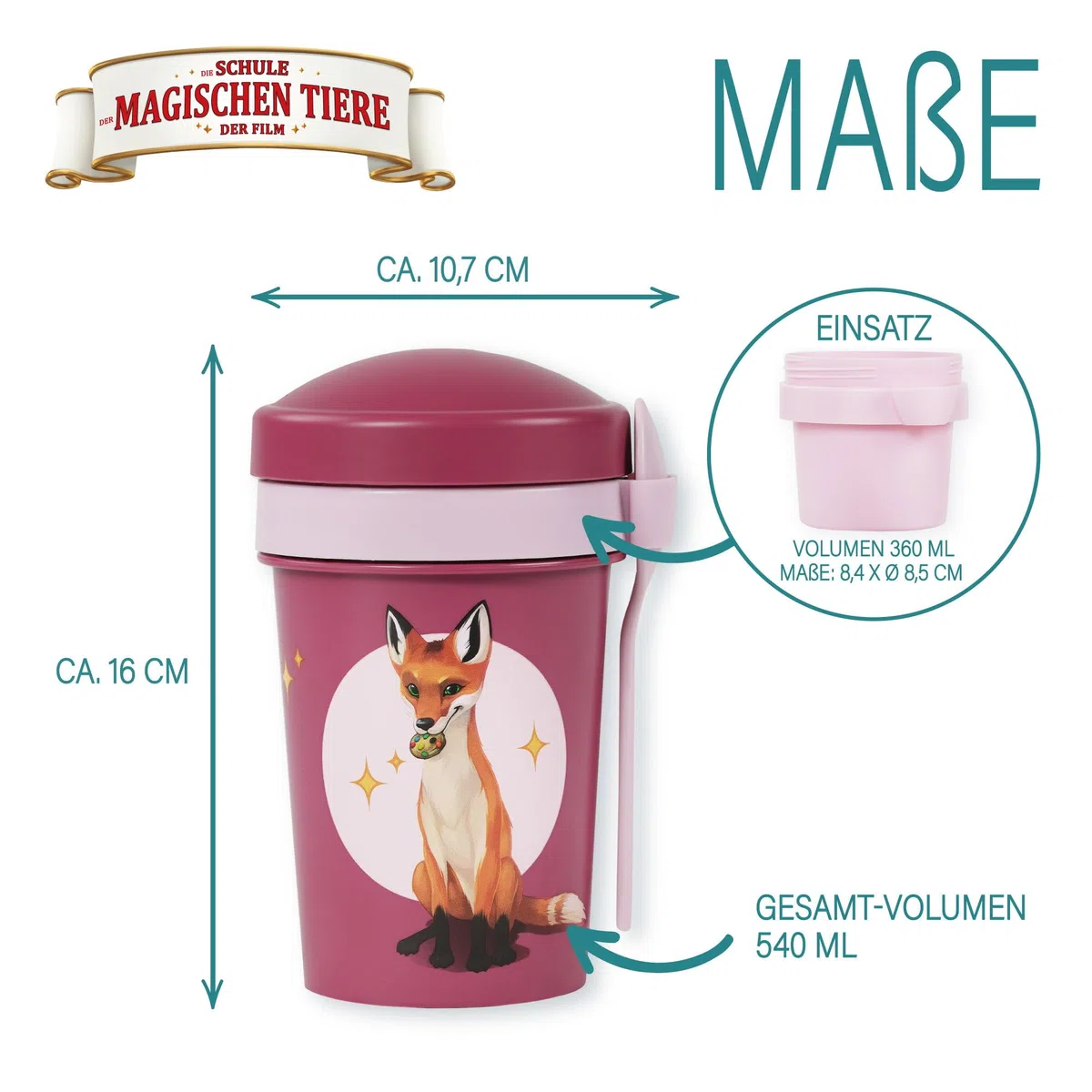 AWAVE Die Schule der Magischen Tiere Müslibecher To Go 540 ml rPET Becher mit Löffel für Joghurt Müsli Früchte, Auslaufsicher, Lunchpot für Schule Kindergarten Büro Picknick Reise, Pink Rabbat