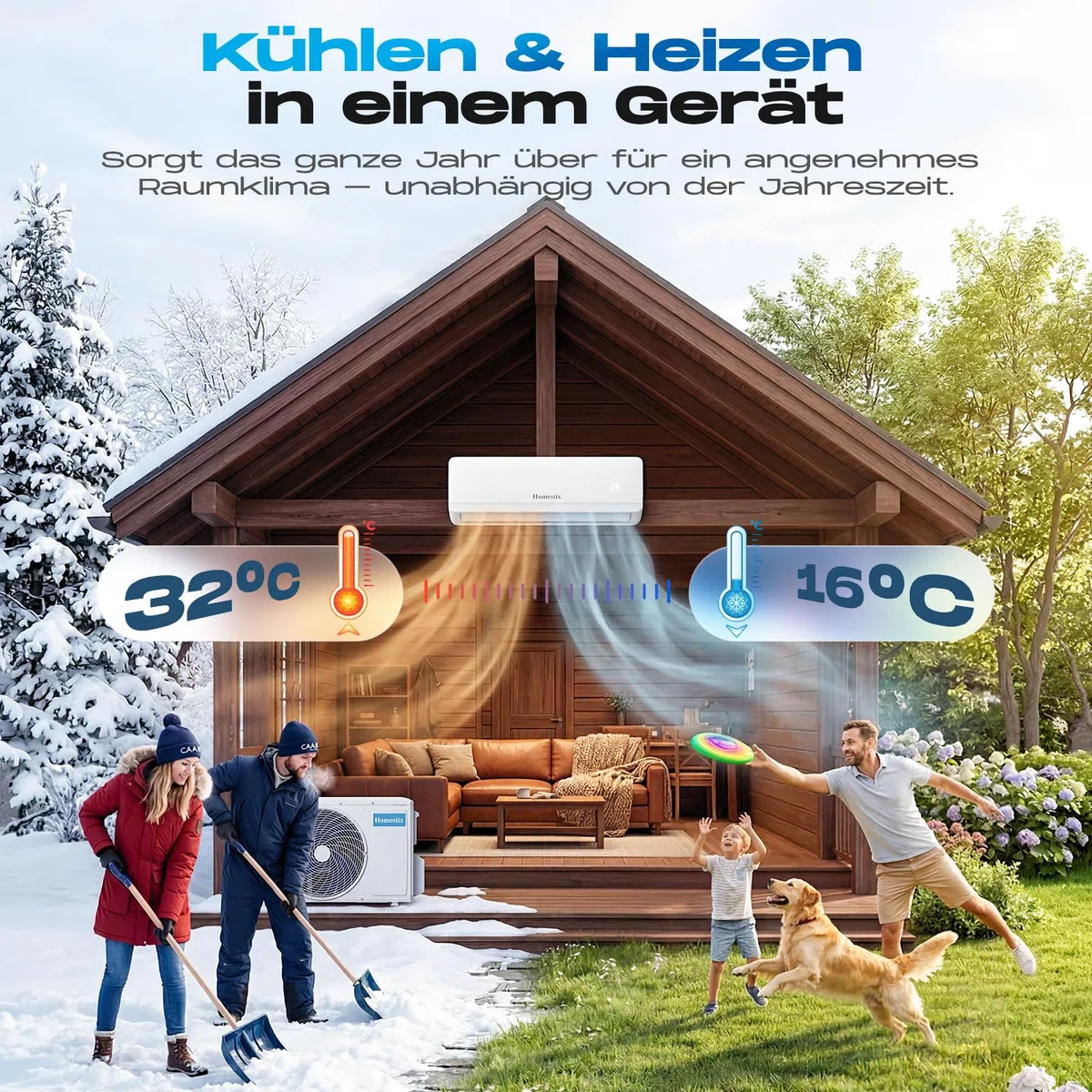 Split Klimaanlage 12000 BTU，4-in-1-Kältegerät mit Heizen, Kühlen, Entfeuchten und Lüften, bis75 m², ultraleise, Fernbedienung & APP, 24h-Timer/Schlaf/ECO-Energiesparmodus, inkl. Montagematerial