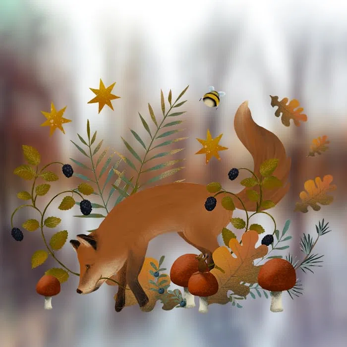 Fensterbild Herbstfuchs - herbstliche Fensterdeko - wiederverwendbar und selbsthaftend - handgezeichnetes Motiv - von Kristin Franke