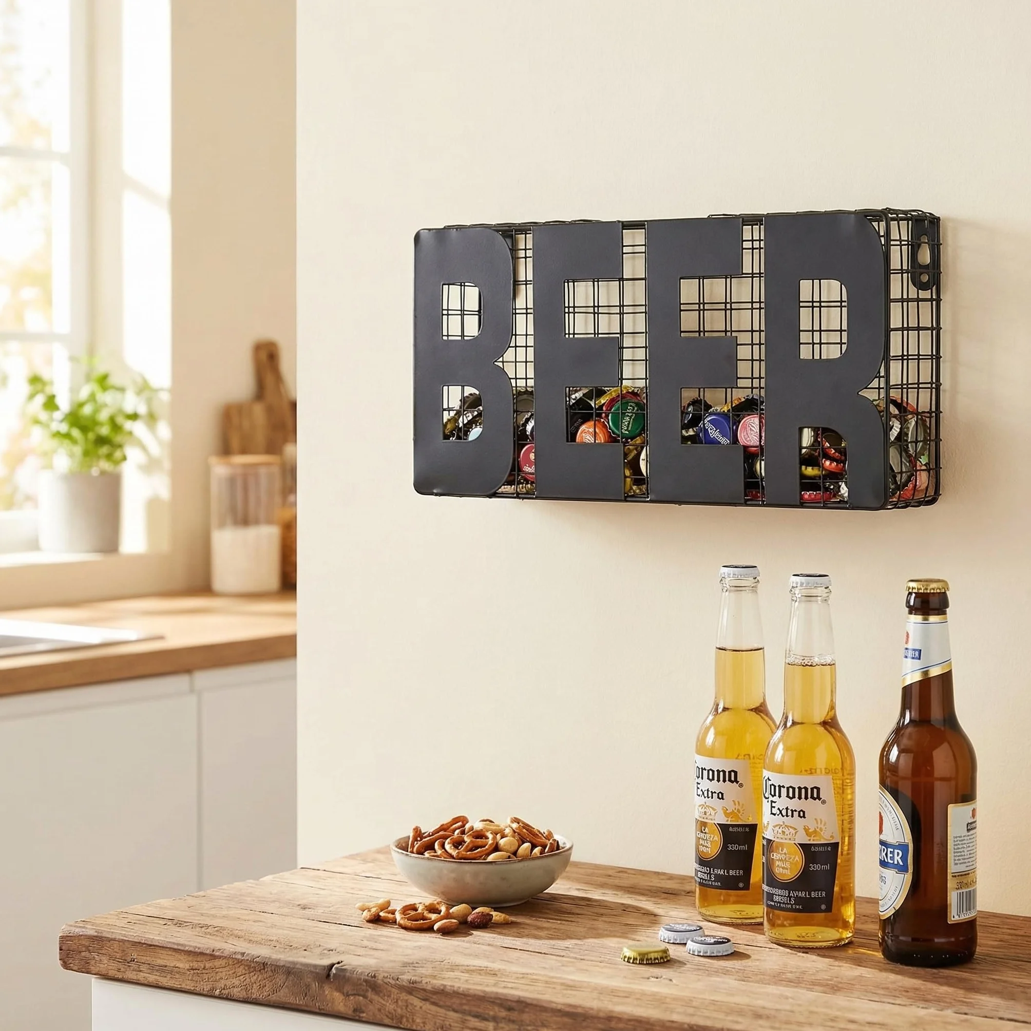 MIJOMA Kronkorkensammler Beer 25 x 5 x 12,5 cm – Metall zum Aufhängen – Schwarze Wanddeko für Küche, Hausbar und Partykeller