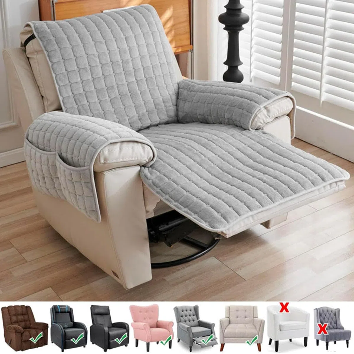 Armlehnenbezüge Sofa AntiRutsch Fernsehsessel Schutzbezug：Sesselschoner Relaxsessel Bezüg Sesselüberzug für Zuhause mit Kindern und Haustieren Hund (Gray)