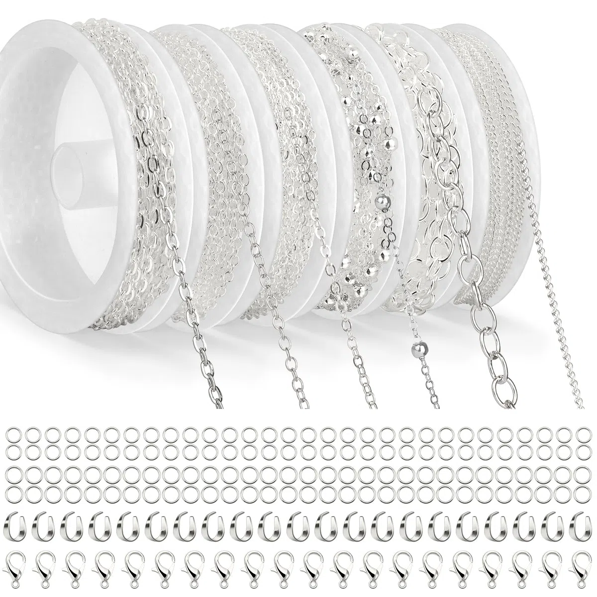 Draupnir 14m 6 Rollen Gliederkette Silber, Schmuckketten zum Basteln, Gliederkette Meterware, Halskettenketten Zubehör mit Ringen und Karabinerverschlüssen und U Ringen für Schmuck Diy Herstellung