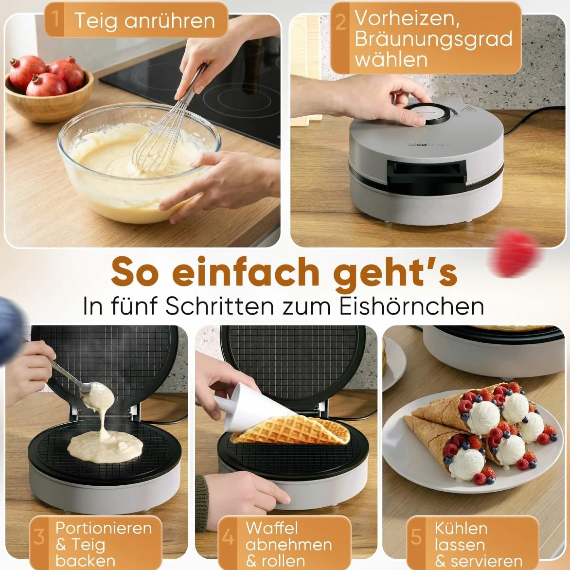 Clatronic® Hörncheneisen | Antihaftbeschichtung | inkl. Hörnchenkegel | stufenloser Regler für Bräunung nach Wunsch | Hörnchenautomat | 1200W | große Backfläche | Eiswaffeleisen | HA 3833