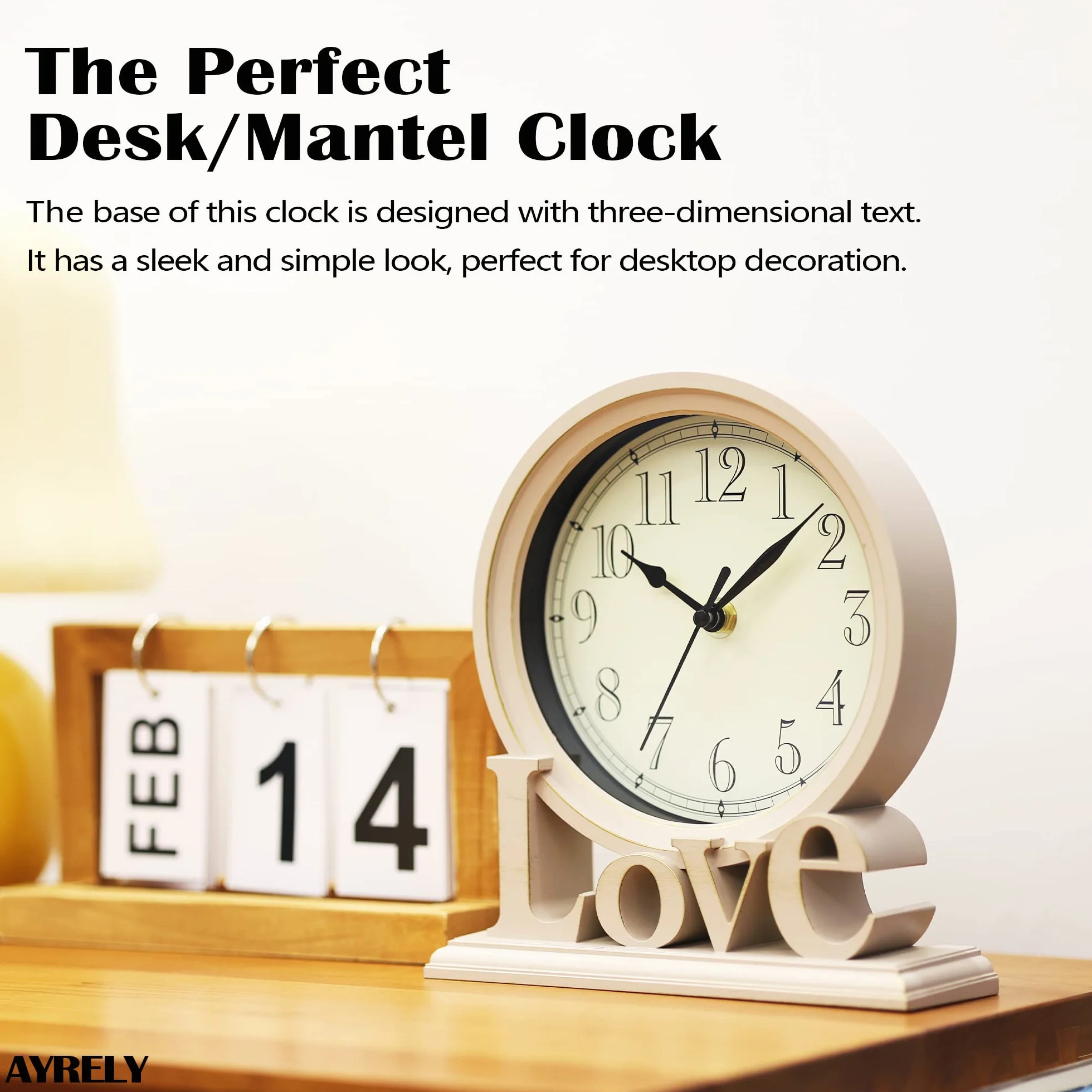 AYRELY® 6,5-Zoll Vintage Kaminuhr –Love-Tischuhr, lautlose Quartz Schreibtischuhr ohne Ticken, Retro Standuhr für Wohnzimmer, Schlafzimmer, Regal oder Kamin Dekoration (Elfenbein)