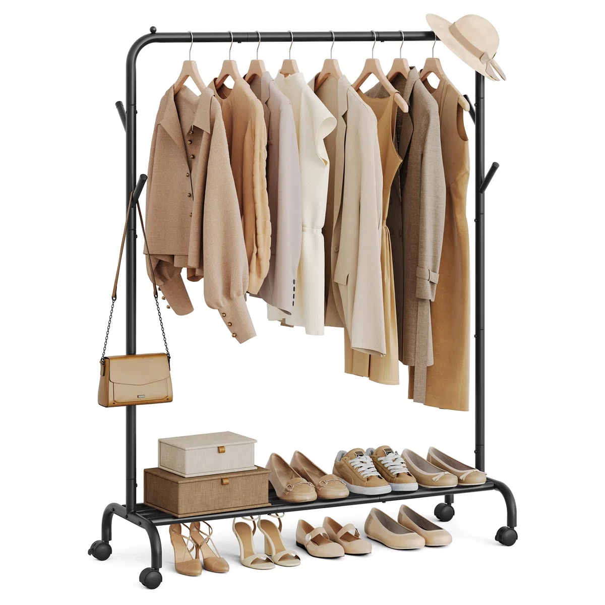 SONGMICS Kleiderständer auf Rollen, Kleiderstange, Garderobenstange, Garderobenständer aus Stahlrohren, bis 50 kg belastbar, 103,5 cm breit, multifunktionale Aufbewahrung, schwarz HSR131B01
