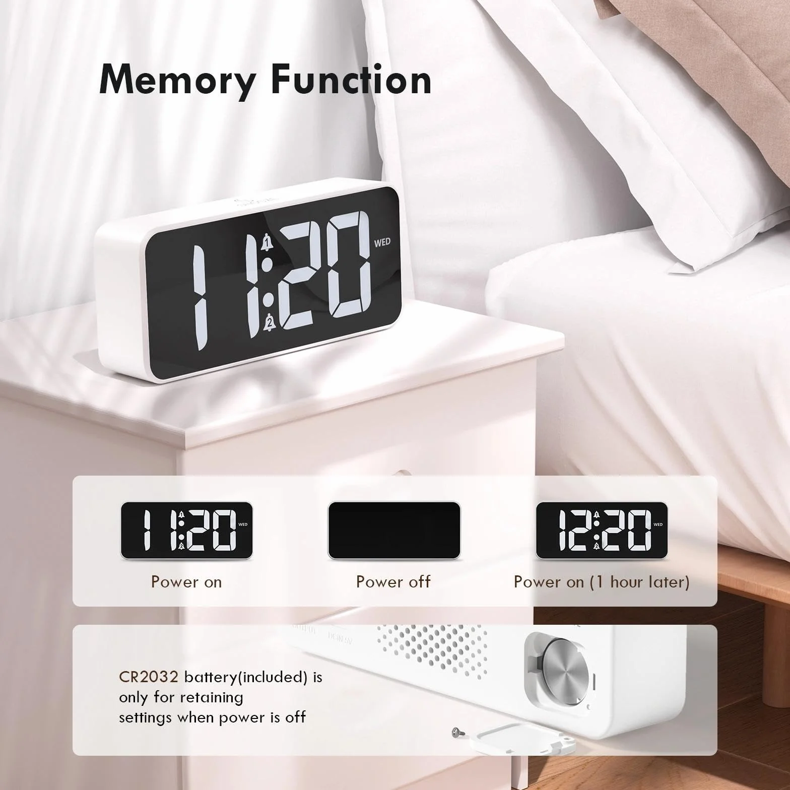CHEREEKI Wecker Digital mit großem LED-Display, 10 Klingeltönen, Doppelalarm, Schlummerfunktion, 3 Alarmplänen, Einstellbarer Helligkeit und Lautstärke, Netzbetrieb, Adapter enthalten, Weiß
