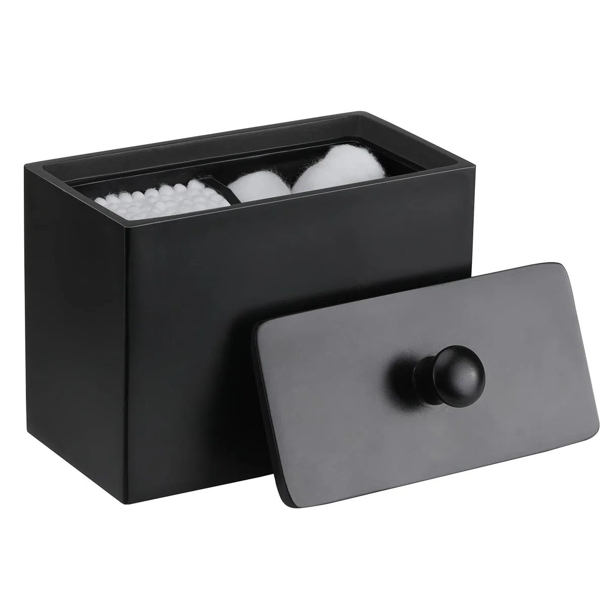 Luxspire Wattestäbchen Behälter & Wattepadspender, 2 Fächer Wattestäbchen Halter Spender Makeup Organizer Aufbewahrungsbox mit Deckel für Wattestäbchen Q-Tips Wattepads Baumwollbehälter, Matte Schwarz