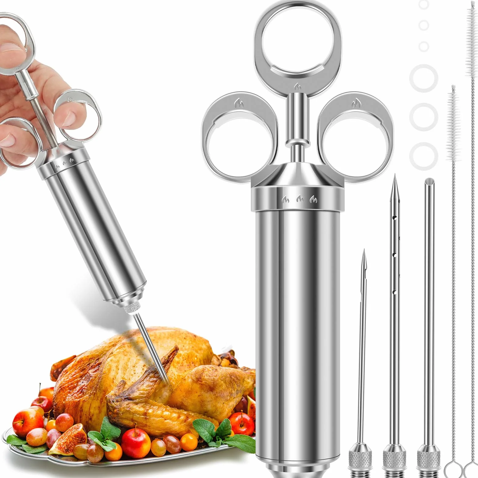 Edelstahl Fleischspritze, Marinadenspritze Kit mit 3 Marinierspritze Nadeln und 2 Reinigungsbürste, Spritze für Fleisch 60 ml/2 oz Bratenspritze Gewürzspritze für Rind Huhn Marmelade zu Befüllen