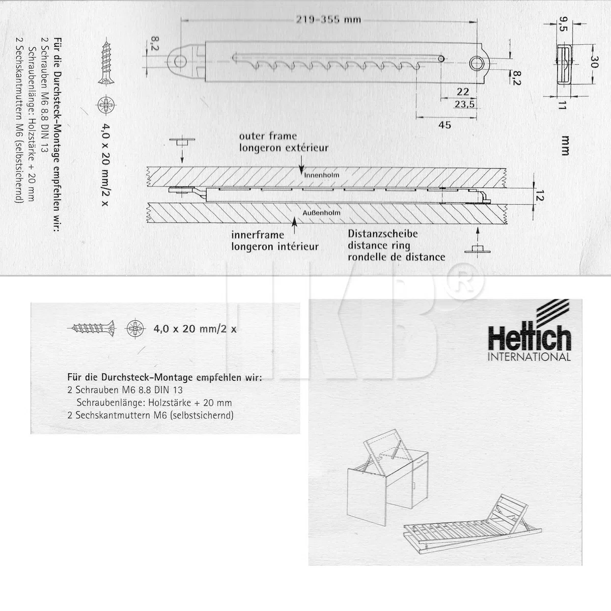 HKB Liegenhochstellbeschlag Rastomat 219-355 mm 10-Fach höhenverstellbar | 1 Stück für Kopf- und Fußteilele, für Schreibtisch und Lattenrost geeignet Stahl verzinkt