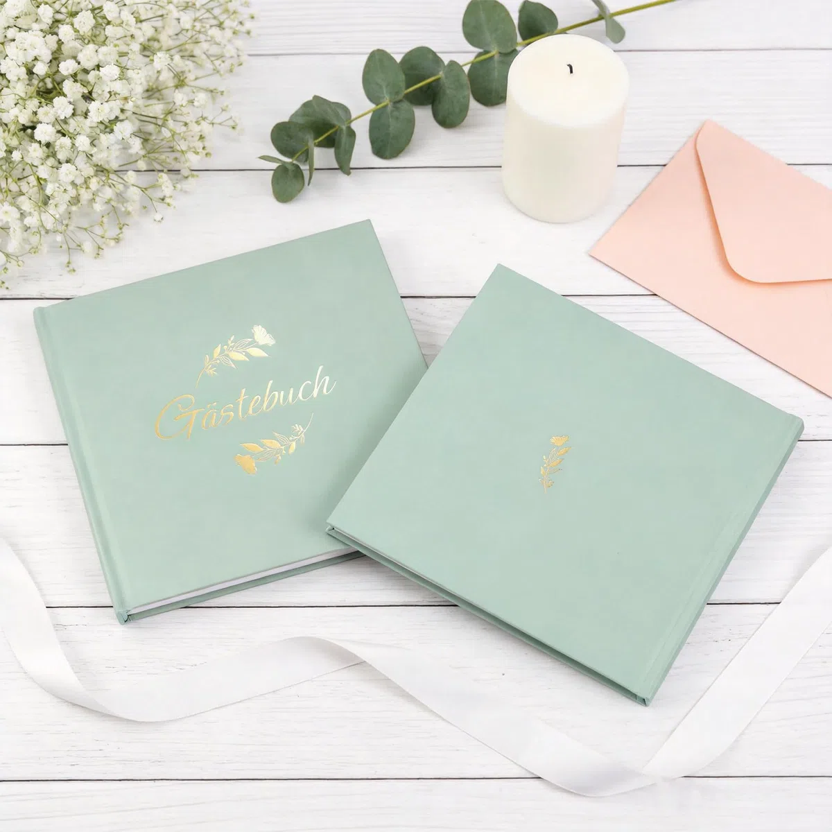 Gästebuch Hochzeit mit 2 Seiten Feststehenden Fotoaufklebern,Hochwertiges Hochzeitsbuch,Hardcover mit Goldprägung,Größe 21x23cm,Hochwertiges Gästebuch,120 Seiten Blanko,6 Seiten Hochzeitssticker,Grün