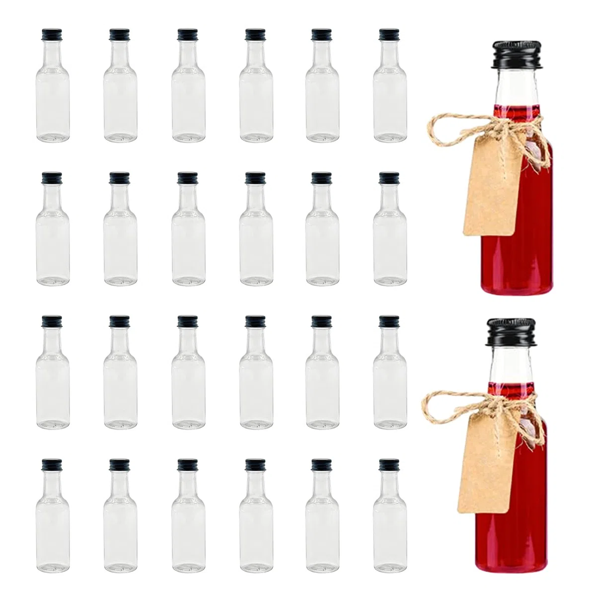 24 Stück Likörflaschen 50ml Kleine Schnapsflaschen mit 2 Trichter und 24 Anhängern Mini Fläschchen Leere Kleine Schnapsflaschen für Hochzeiten Party Kunst