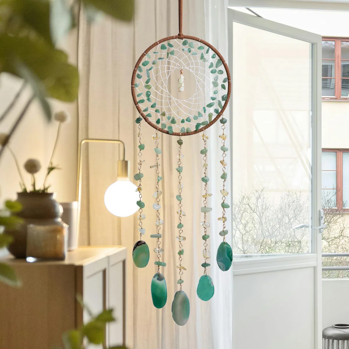 Baum des Lebens Traumfänger mit heilendem Achat, natürlicher Kristallstein, Traumfänger, Wanddekoration für Schlafzimmer, Idee zum Basteln, Geschenk für Kinder, Frauen, Freunde (türkisfarbener Achat)