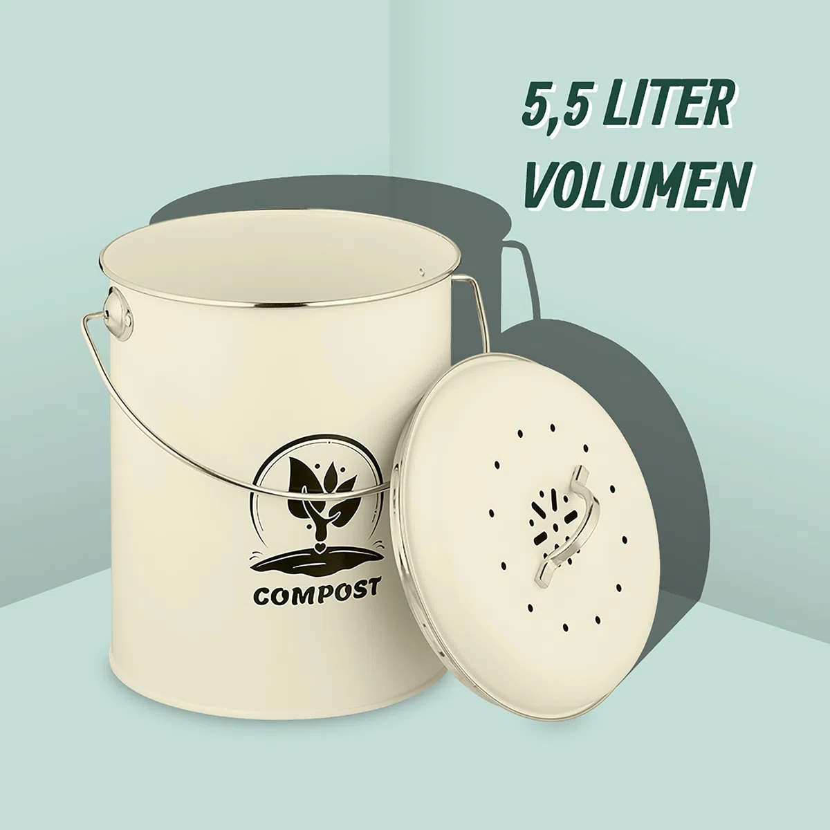 Relaxdays Komposteimer Küche 5,5 Liter, Mülleimer mit Deckel und Geruchsfilter, Abfalleimer Biomüll, Eisen, Creme