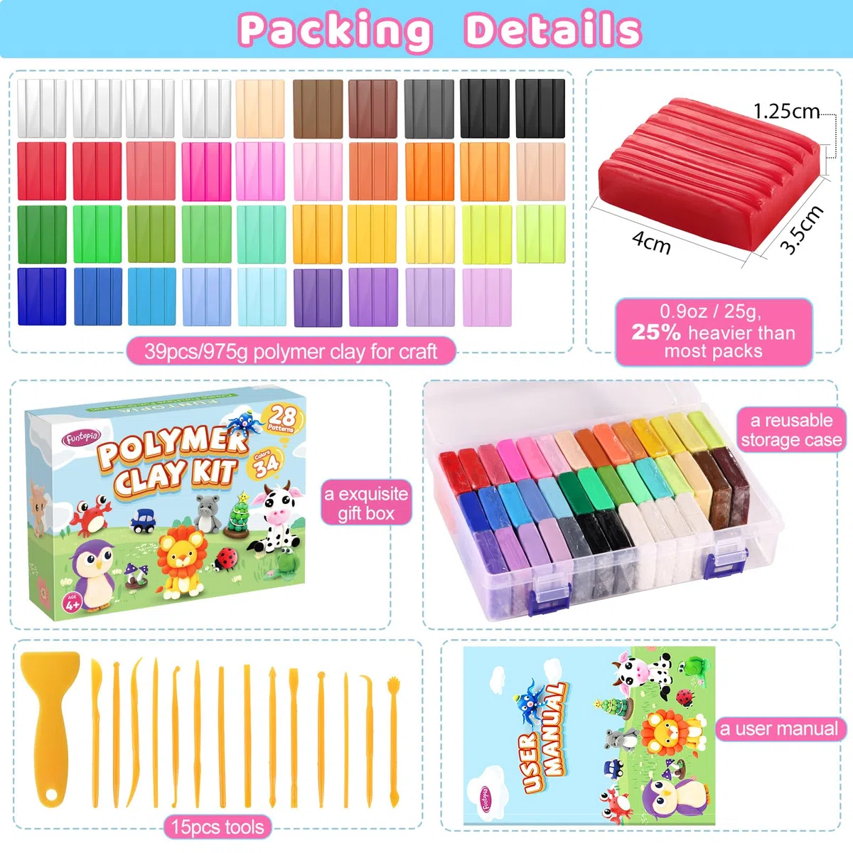 Art Polymer Clay Set, Funtopia Farbige Modelliermasse Backofen [0.9oz/Stück, 39 Blöcke, 15 Werkzeuge, Anleitung, Aufbewahrungsbox], Kinderknete, Kreatives Geschenk für Jungen & Mädchen ab 4 Jahren