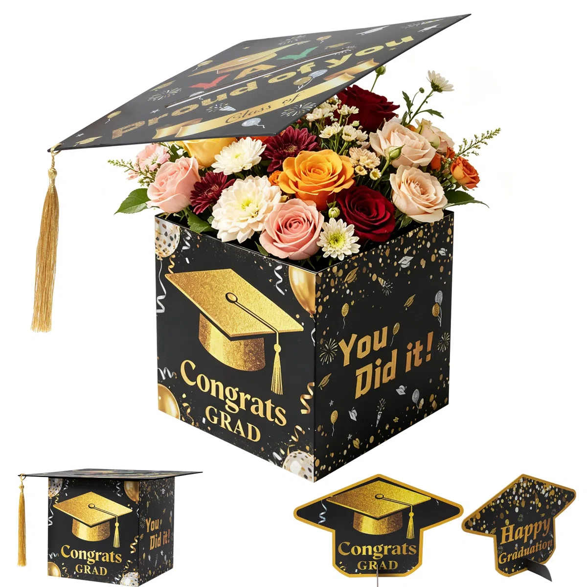 APLUSWER Doktorhut Kartenbox Abschlussfeier Blumenbox mit Tassel | 1 pc Abschlusskarten Box und 2 pc Abschlusshut-Schilder Tischständer Deko, Abschlussfeier Geschenkbox mit Kartensteckplatz