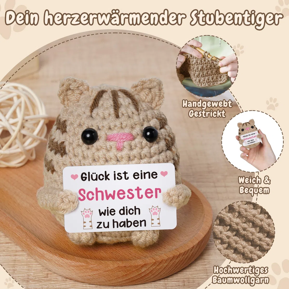 Vetbuosa Schwester Geschenk - Handgehäkelte Katzenpuppe mit Karte, Geschenkideen für Schwester zum Geburtstag Weihnachten Muttertag